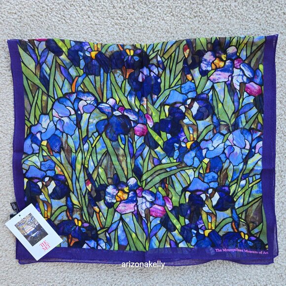 NWT The Met Silk Scarf Tiffany Irises Stained Glass Flowers Floral - Picture 9 of 9